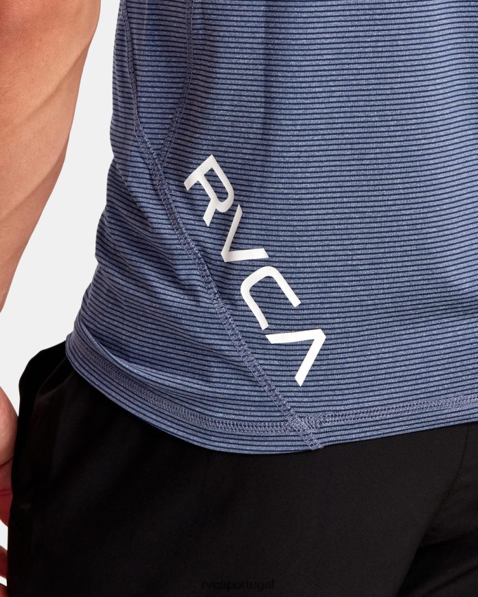 roupas RVCA homens top técnico de manga curta com listra esportiva e ventilação azul exército N00F2H125