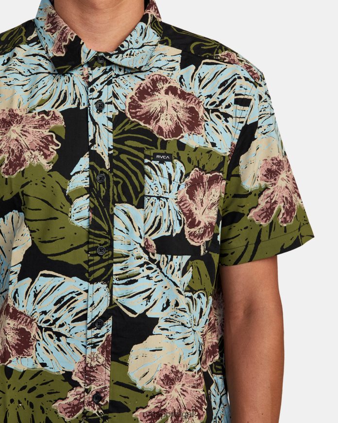 roupas RVCA homens camisa de manga curta tecido monstera 2.0 preto N00F2H1005