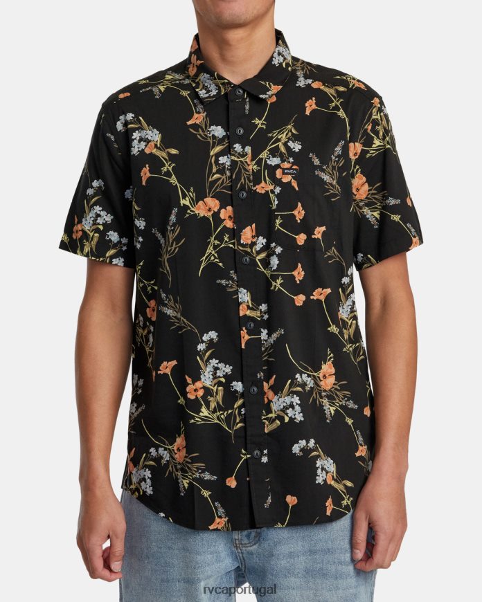 roupas RVCA homens mais camisa floral de manga curta meia-noite N00F2H144