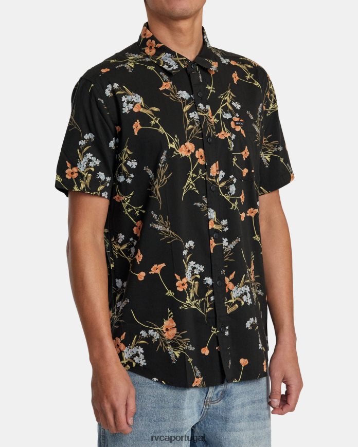 roupas RVCA homens mais camisa floral de manga curta meia-noite N00F2H144