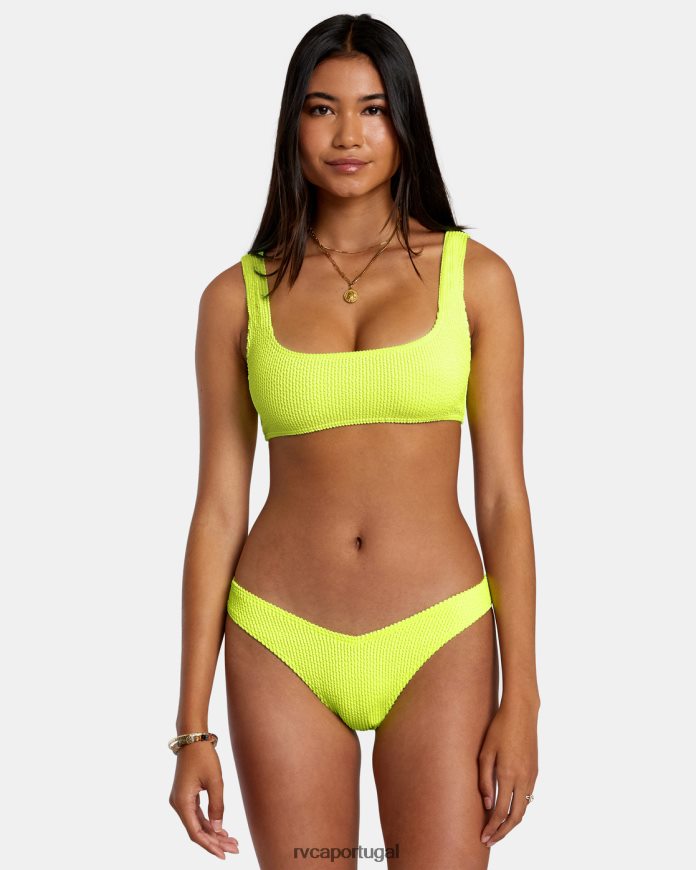 nadar RVCA mulheres parte de baixo de biquíni com textura de sulcos e perna alta Neon amarelo N00F2H1101