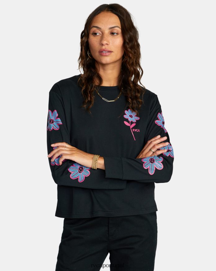roupas RVCA mulheres camiseta manga longa margarida feliz preto N00F2H1562
