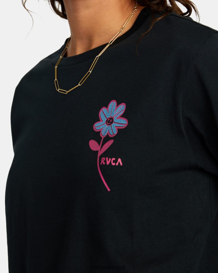 roupas RVCA mulheres camiseta manga longa margarida feliz preto N00F2H1562
