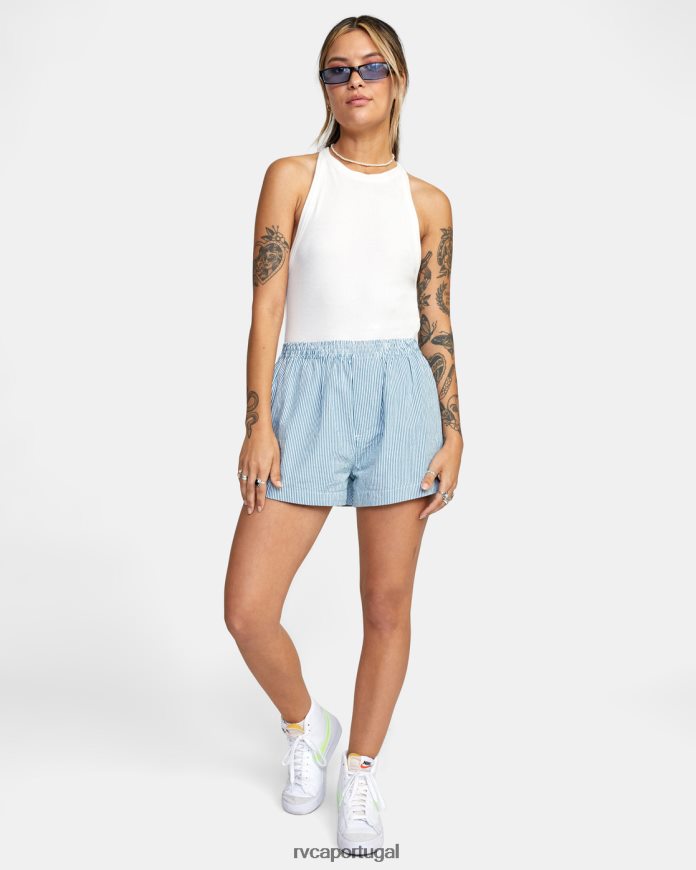 roupas RVCA mulheres short com cintura elástica seersucker sawyer snorkel azul N00F2H1701