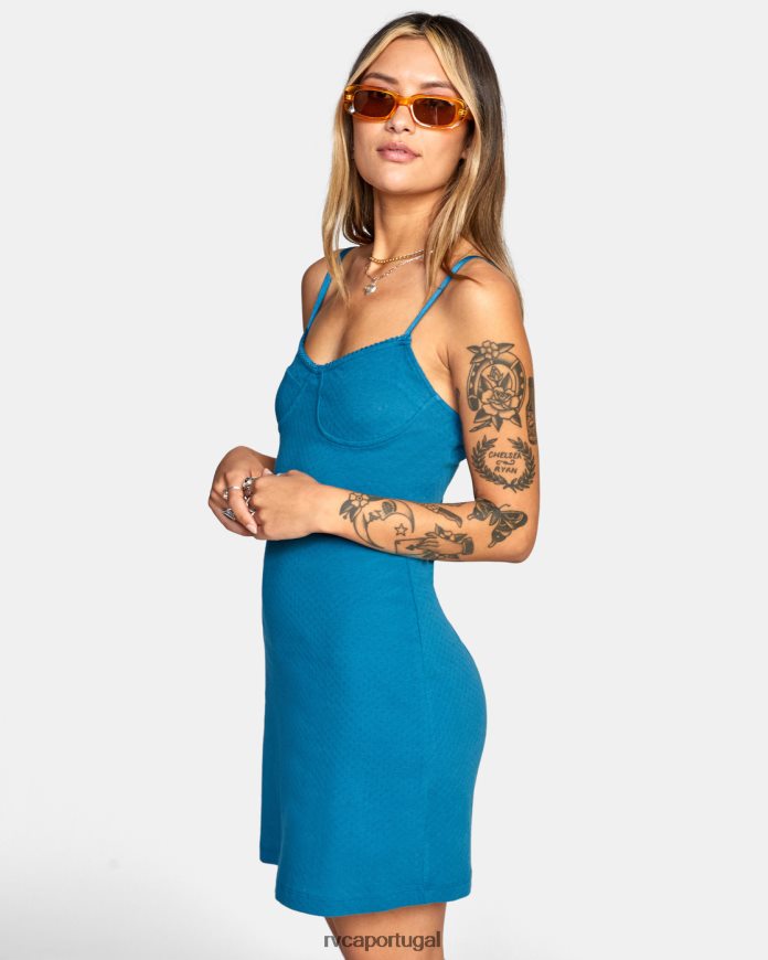 roupas RVCA mulheres vestido midi just friends pointelle snorkel azul N00F2H1626